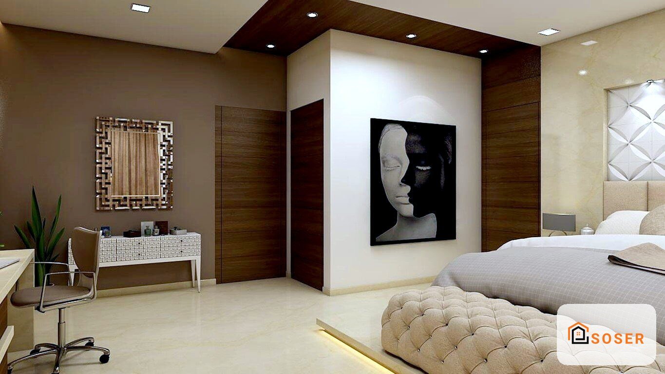 Camera da letto moderna con cartongesso, pavimenti e finiture di lusso a Milano
