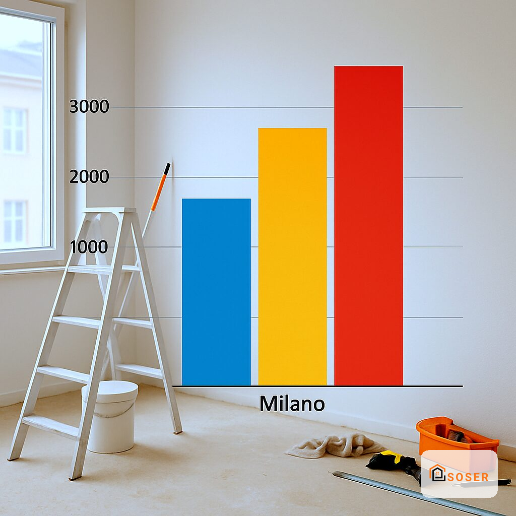 Grafico a barre dipinto a mano su parete durante ristrutturazione a Milano
