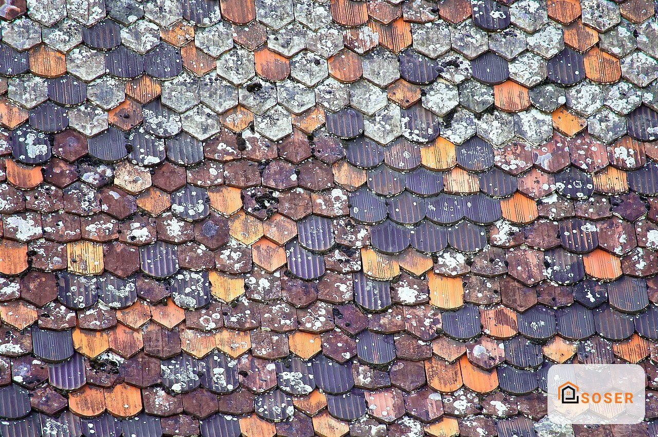 Coperto in coppi e tegole in terracotta di vari colori con licheni e patina di invecchiamento