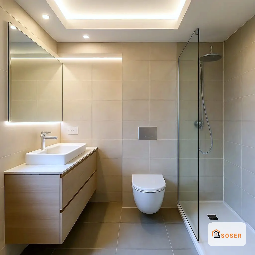 Bagno moderno con lavabo in ceramica bianca, specchio illuminato, doccia con vetro trasparente e piastrelle beige