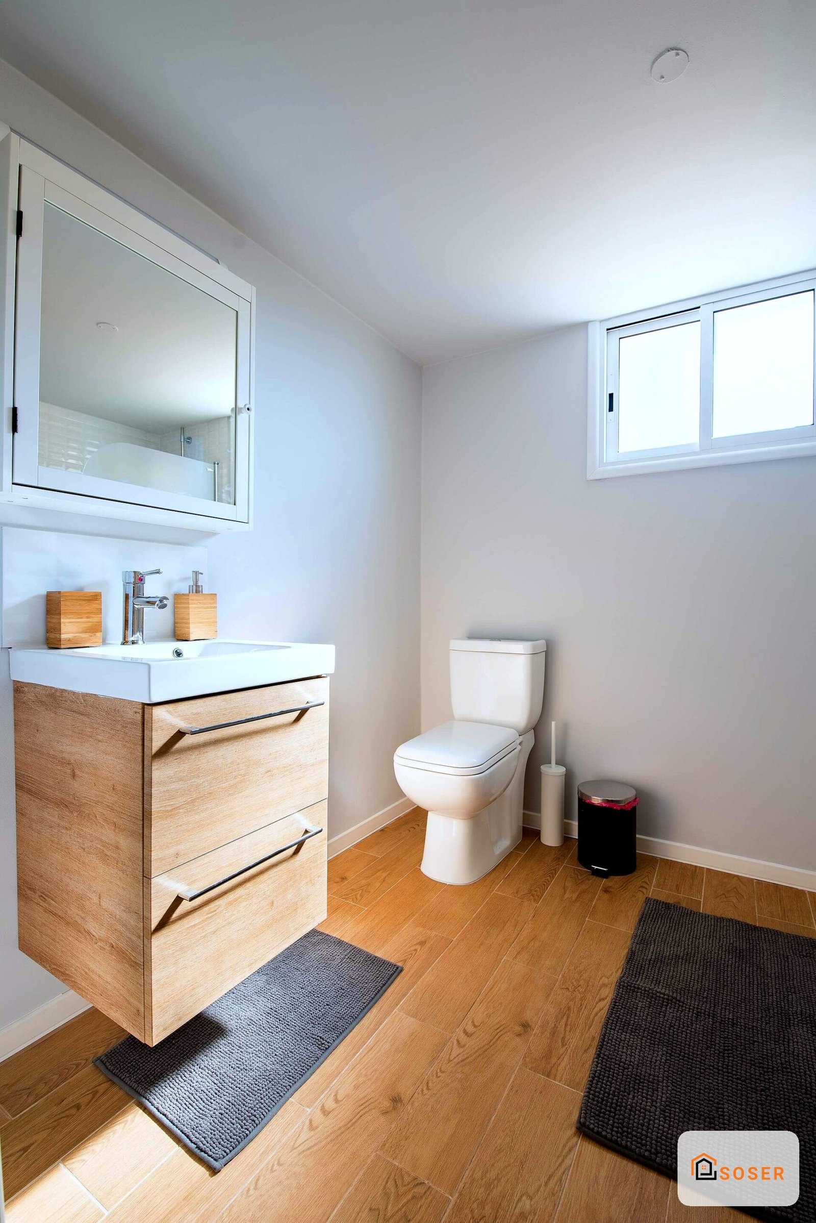 Bagno moderno ristrutturato con vanity in legno, specchio, toilet e pavimenti in parquet