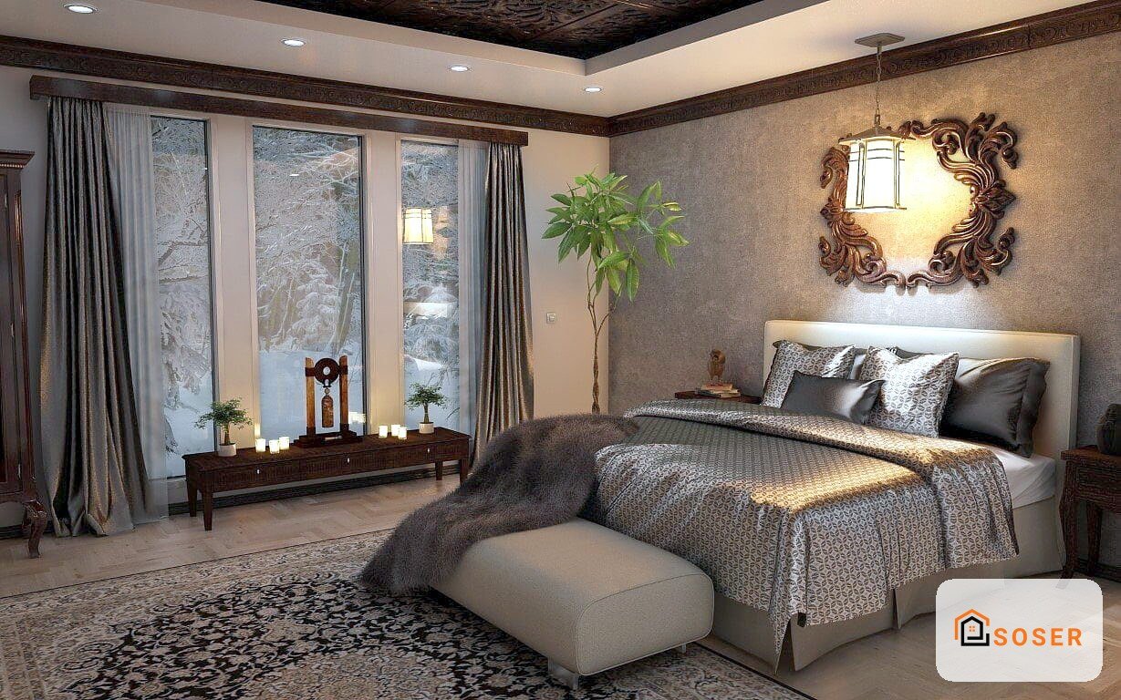 Camera da letto lussuosa con pavimenti in legno, pareti grigie e specchio barocco dorato sopra il letto