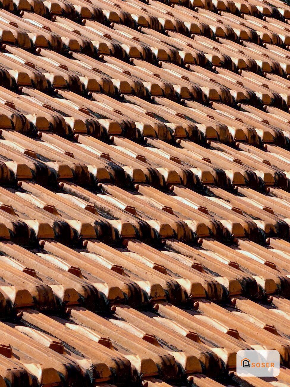 Coppi in terracotta su tetto a spioventi, dettaglio di copertura tradizionale con tegole curve in tonalità marrone-rosso