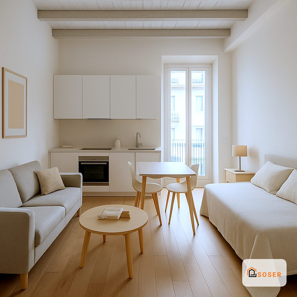 Monolocale moderno ristrutturato con cucina integrata, pavimenti in legno e arredamento minimalista a Milano