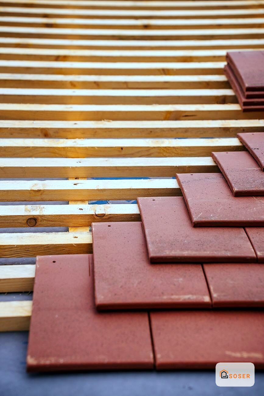 Dettaglio di copertura tetto con tegole rosse e sottostruttura in legno con strisce bianche