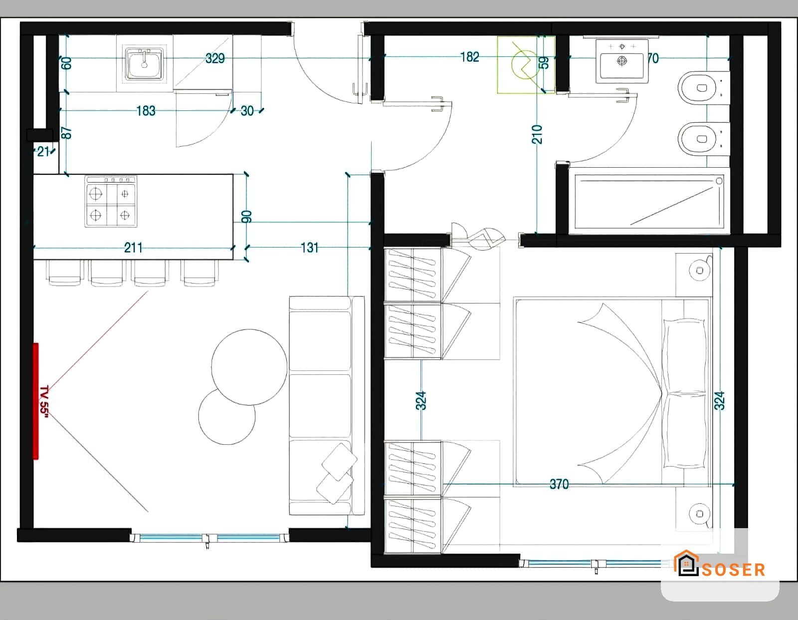 Planimetria progetto ristrutturazione appartamento con cucina, bagni e camere da letto