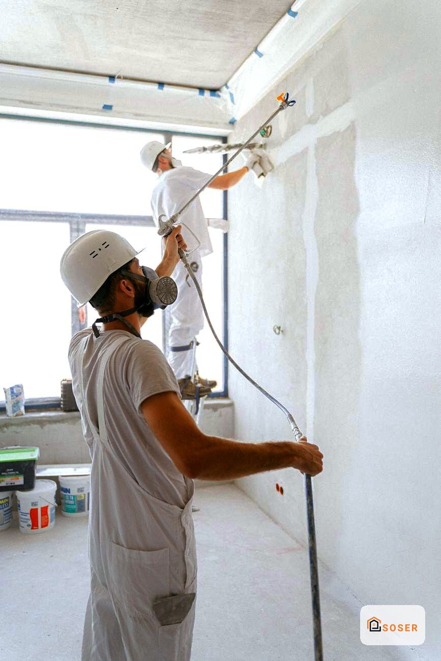 Operai con elmetti applicano stucco e preparano pareti in cartongesso durante i lavori di ristrutturazione