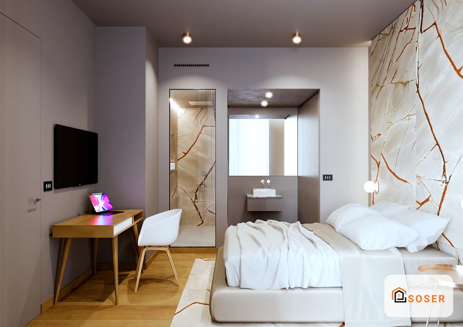 Camera da letto moderna con bagno en-suite, pareti bianche, pavimento in legno e dettagli decorativi in rami secchi