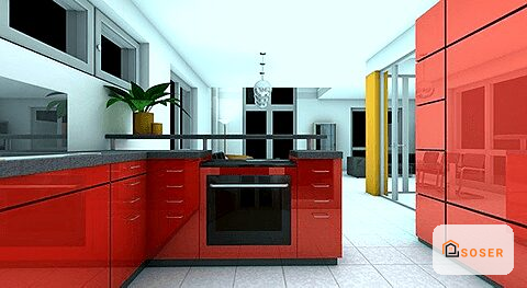 Cucina moderna con mobili rossi lucidi, piano cottura nero e pavimento bianco in stile contemporaneo