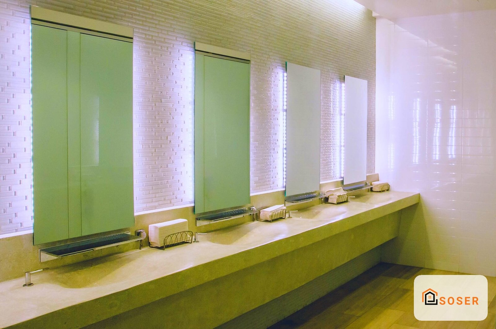 Bagno moderno con specchi illuminati e lavabo continuo in stile contemporaneo