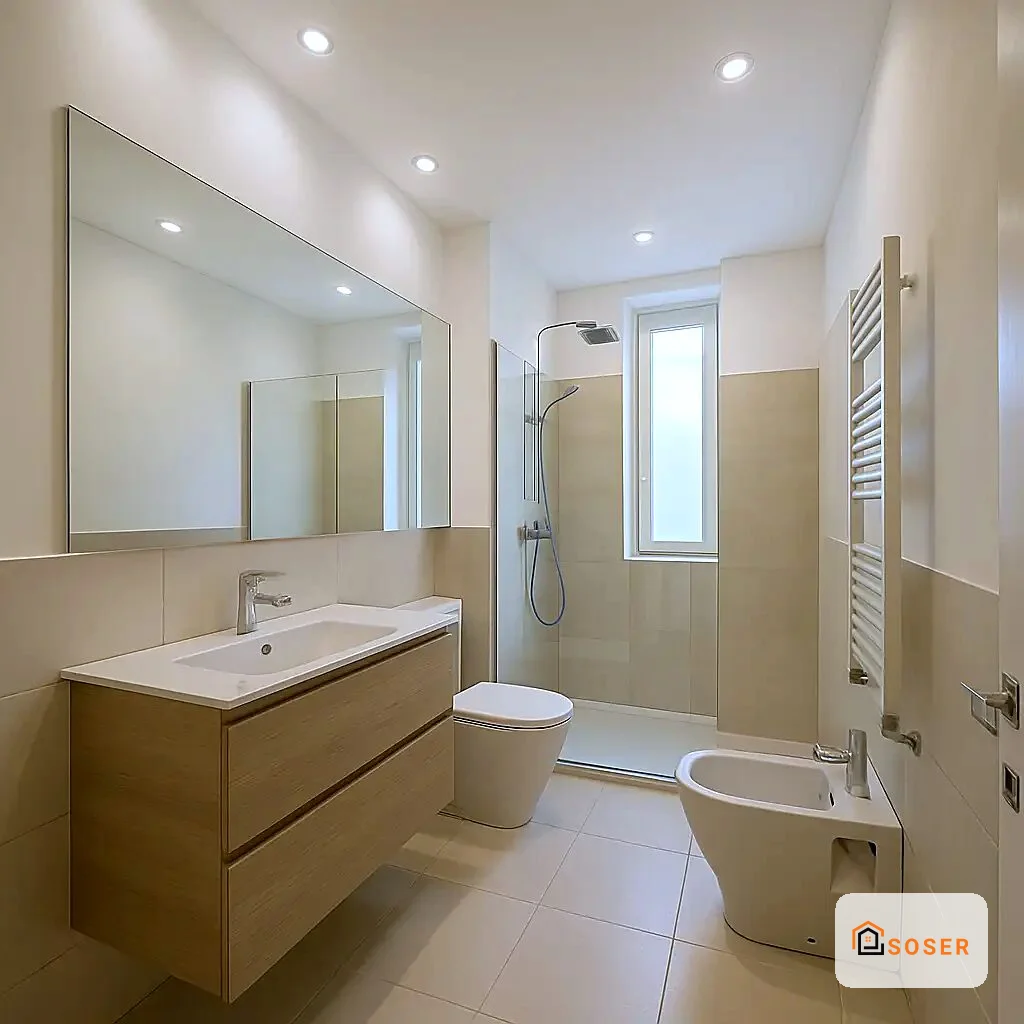 Bagno moderno ristrutturato con lavabo in legno, specchio grande, doccia con vetro e rivestimento beige
