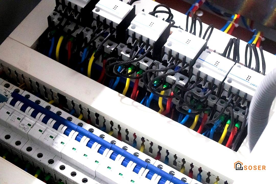 Quadro elettrico con interruttori magnetotermici e relè in installazione professionale