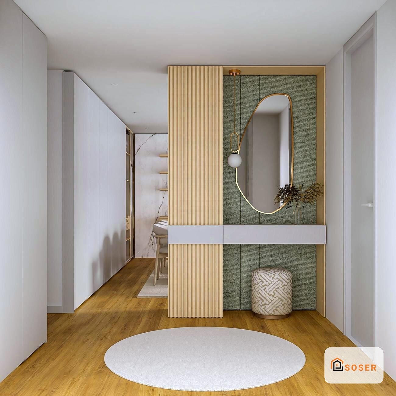 Bagno moderno con specchio ovale, parete in legno e rivestimento verde, pavimento in legno