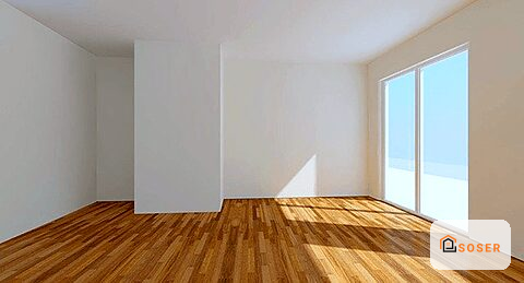 Stanza vuota con pareti bianche e pavimento in legno, finestre luminose, stile minimalista moderno