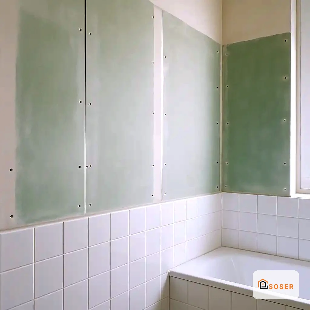 Bagno in ristrutturazione con cartongesso verde e piastrelle bianche, ante scorrevoli in corso di installazione