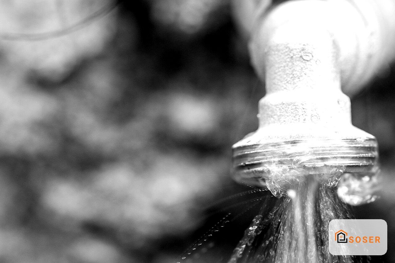Rubinetto con getto d'acqua in primo piano, impianto idraulico domestico