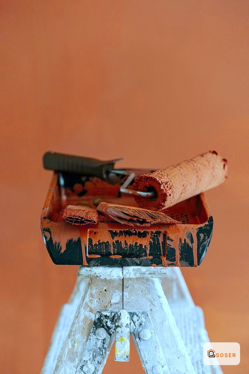 Pennello e rullo di pittura in un vassoio di colore arancione su scala a pioli