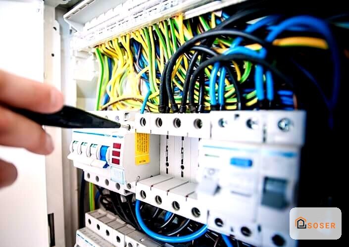 Quadro elettrico con interruttori e cavi colorati in installazione impianto elettrico