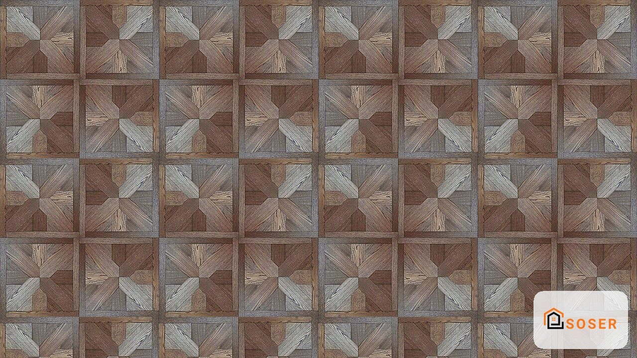 Pavimento in parquet con motivo geometrico a spina di pesce in tonalità marrone e beige