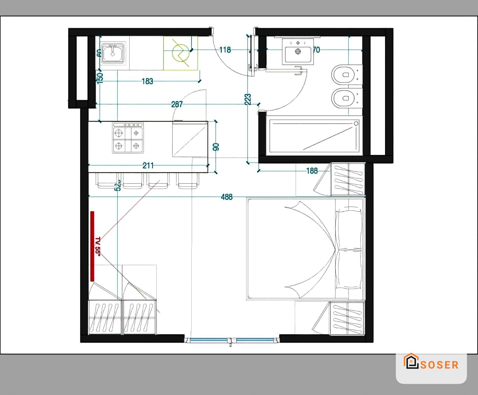 Planimetria dettagliata di appartamento con bagno, cucina e camera da letto con misurazioni