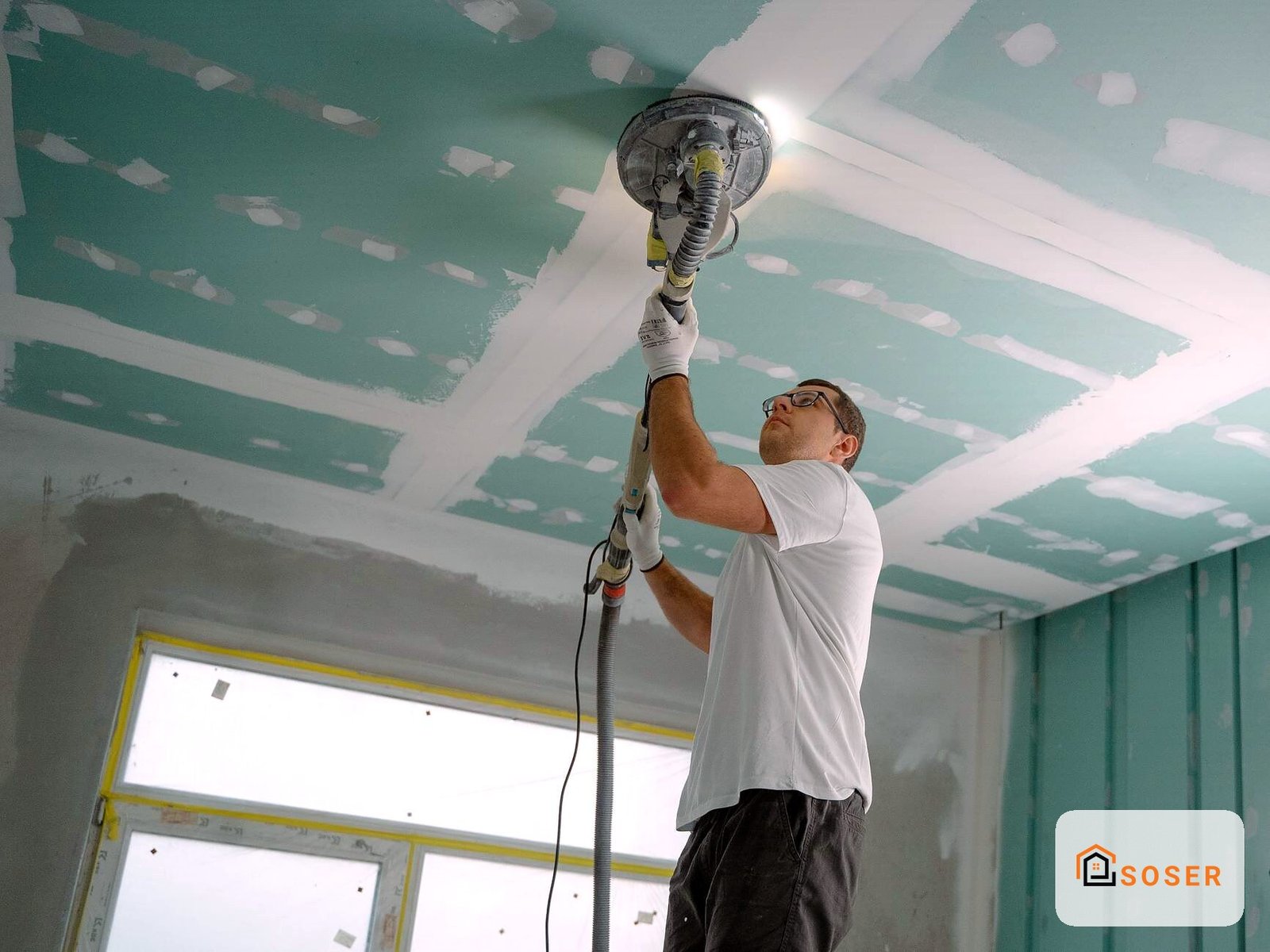 Installazione di una lampada a soffitto durante i lavori di impianto elettrico in una stanza con controsoffitto in cartongesso