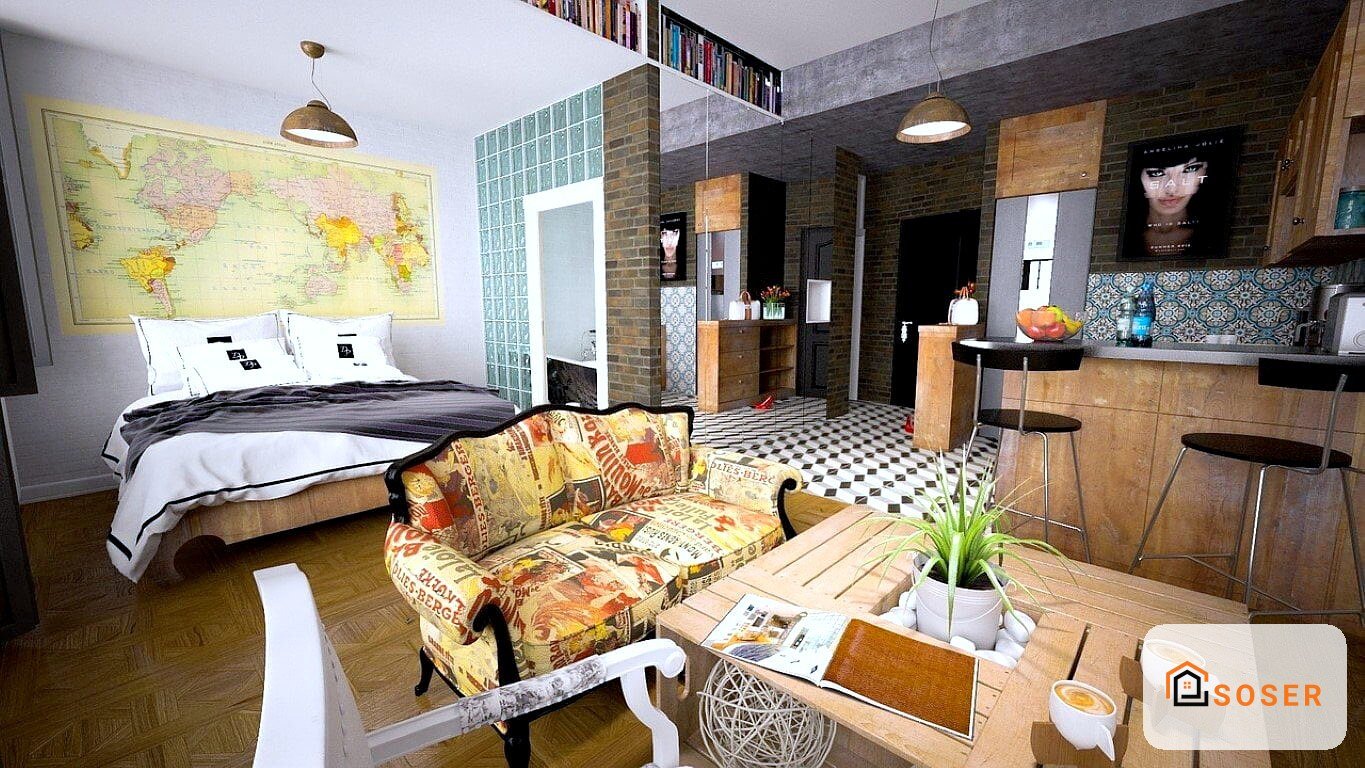 Render di monolocale moderno con zona living, camera da letto e cucina open space con pavimenti in cementine e arredi in legno