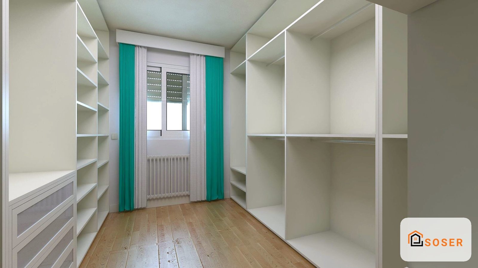 Cabina armadio moderna con scaffalature bianche, pavimento in legno e tendaggi verdi